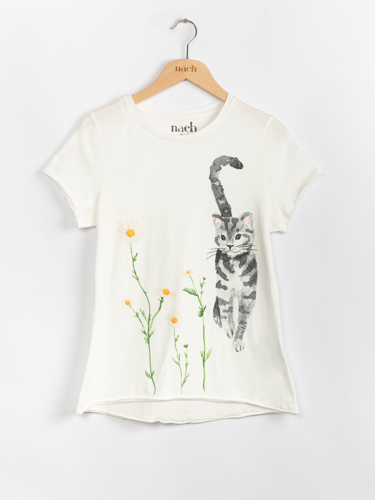 t-shirt blanc col rond chat fleurs marguerite