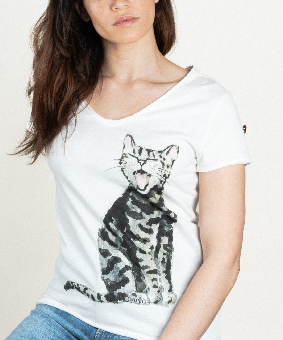 T-shirt blanc chat qui baille 100% coton