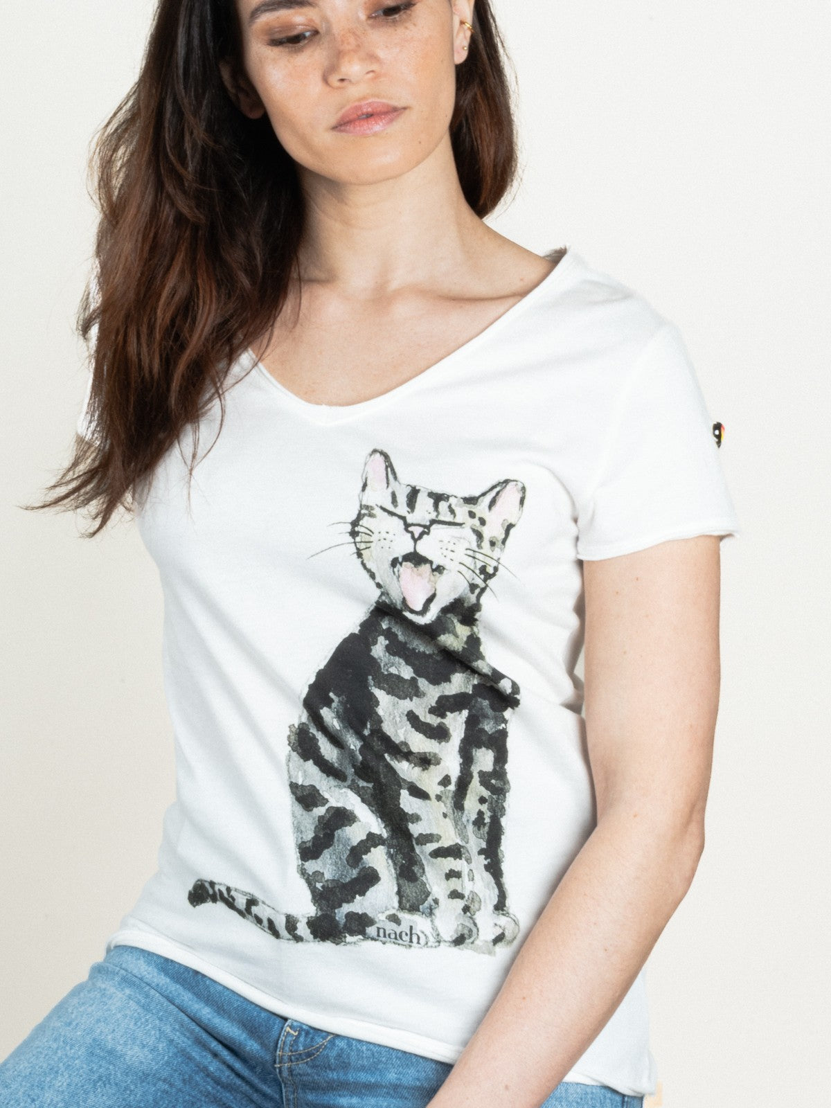 T-shirt blanc chat qui baille 100% coton