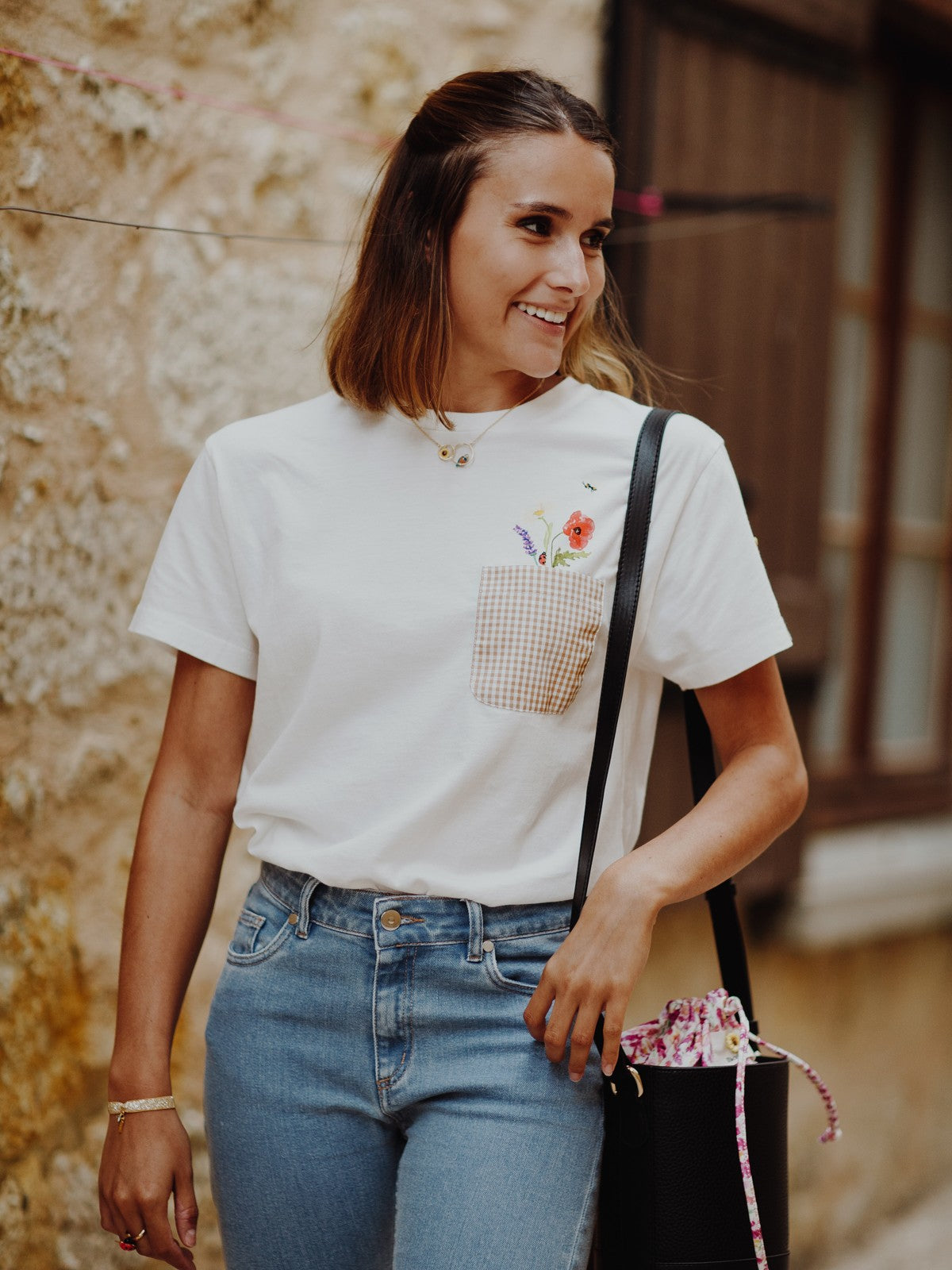 T-shirt poche vichy bouquet de fleurs en coton bio Nach